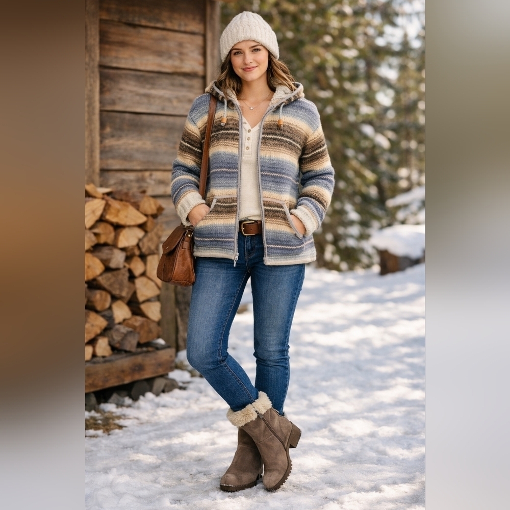 Laundromat Striped Hooded Jacket with Blue and Brown Tones 100% Wool Heavy Knit
